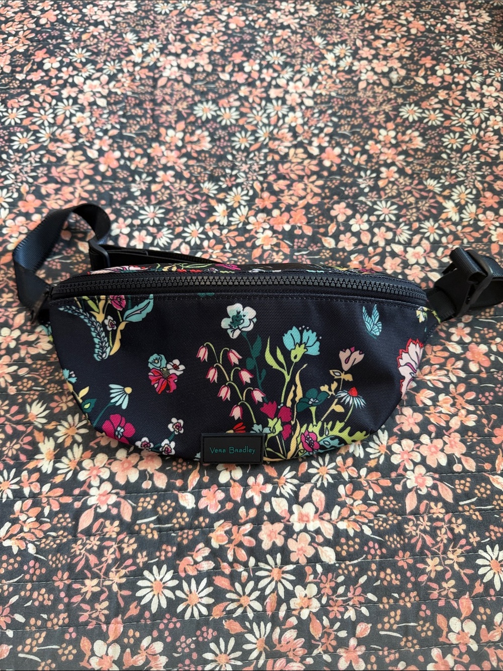 Vera Bradley Black Floral Crossbody Belt Bag with Multicolor Blooms